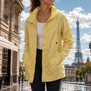 Adidas SLVR Womens Yellow Nylon Windbreaker Jacket Packable Hood Size M A10